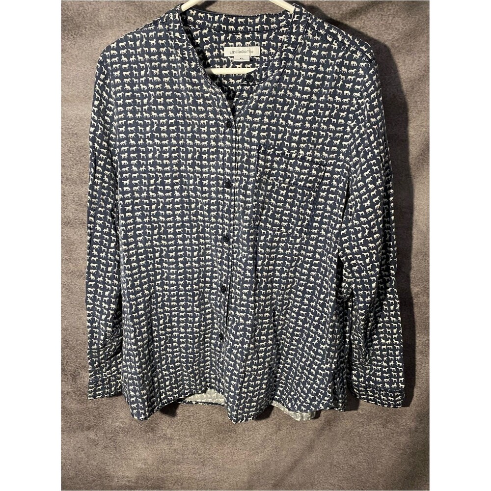 Liz Claiborne XL Blue Horse Print Button Down Shirt Lyocell Band Collar